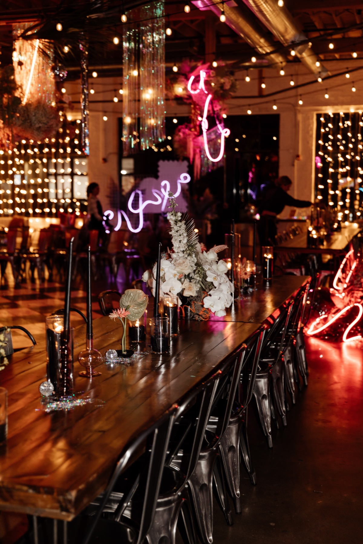 neon and black wedding decor