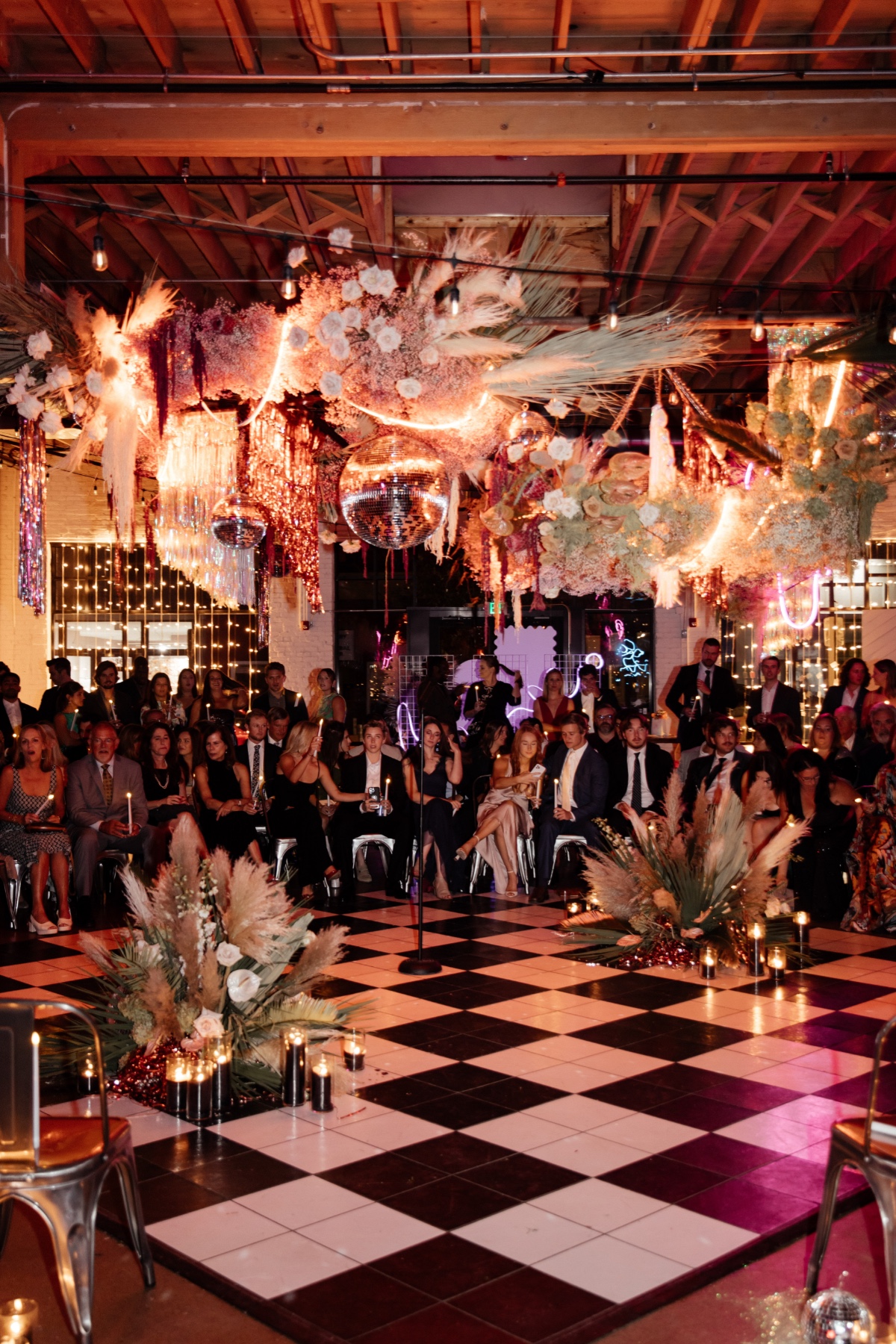 disco wedding hanging florals