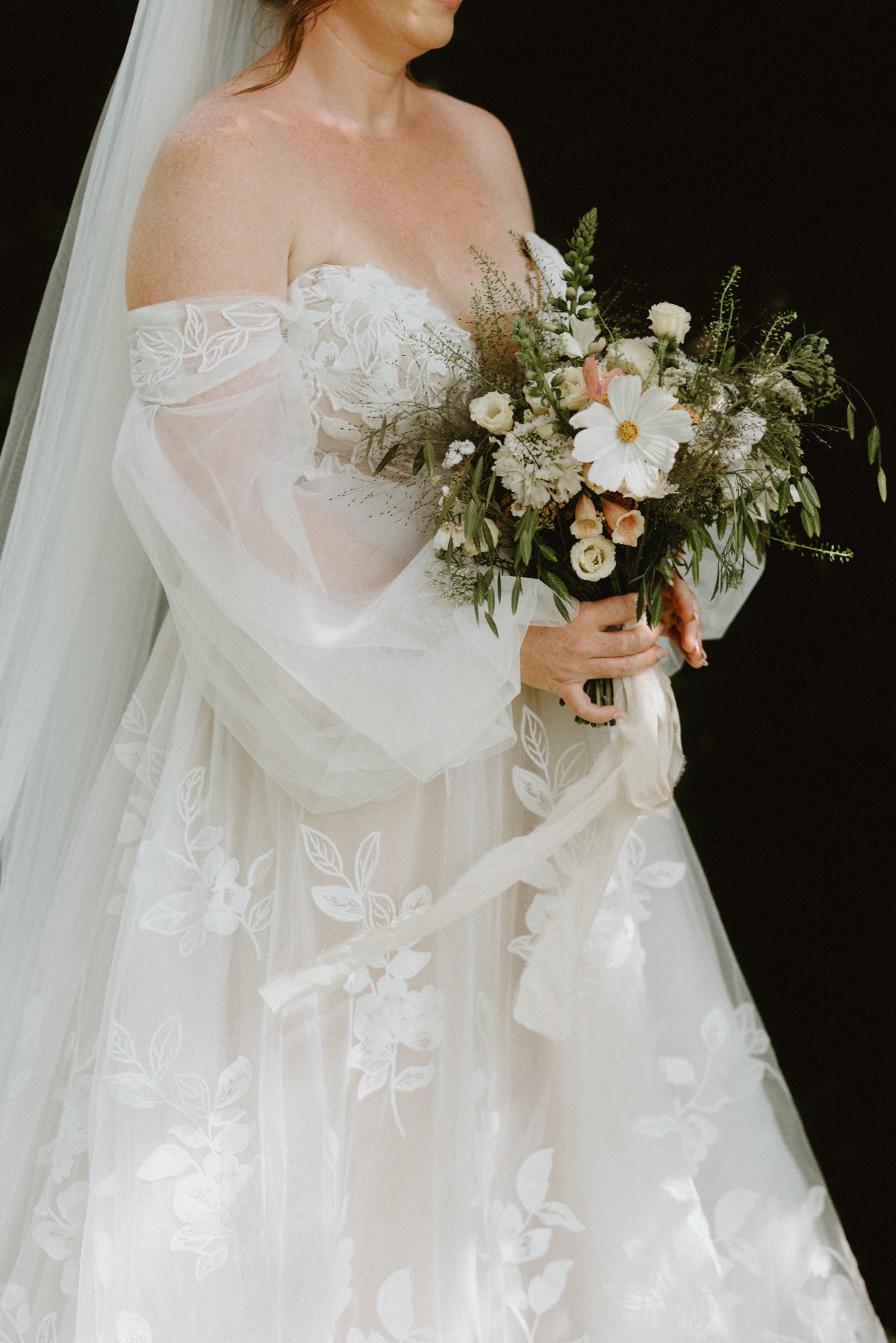 off the shoulder lace wedding gown