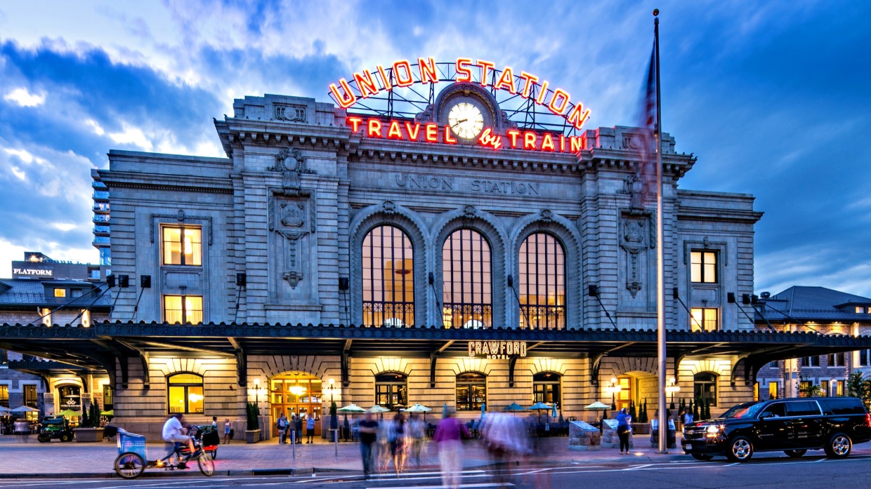 union station in denver Colorado at night