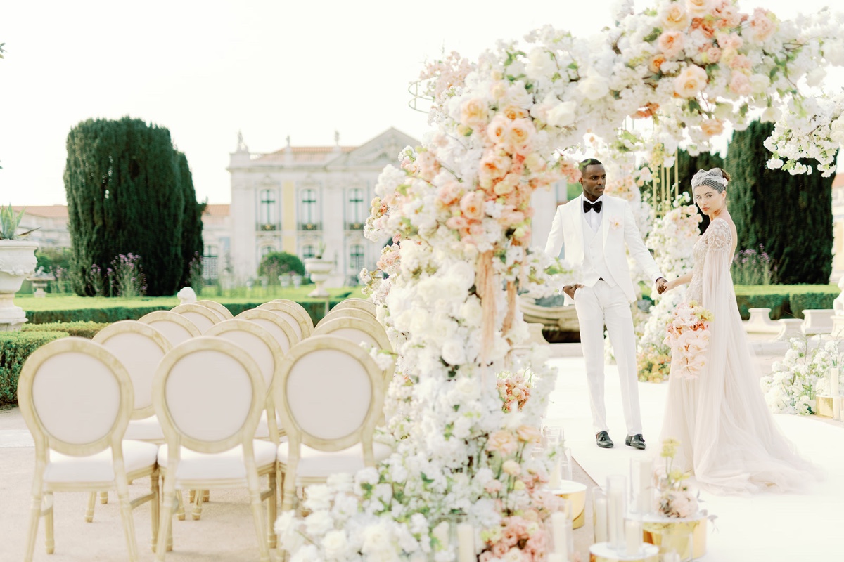 peach and ivory wedding at a palace garden