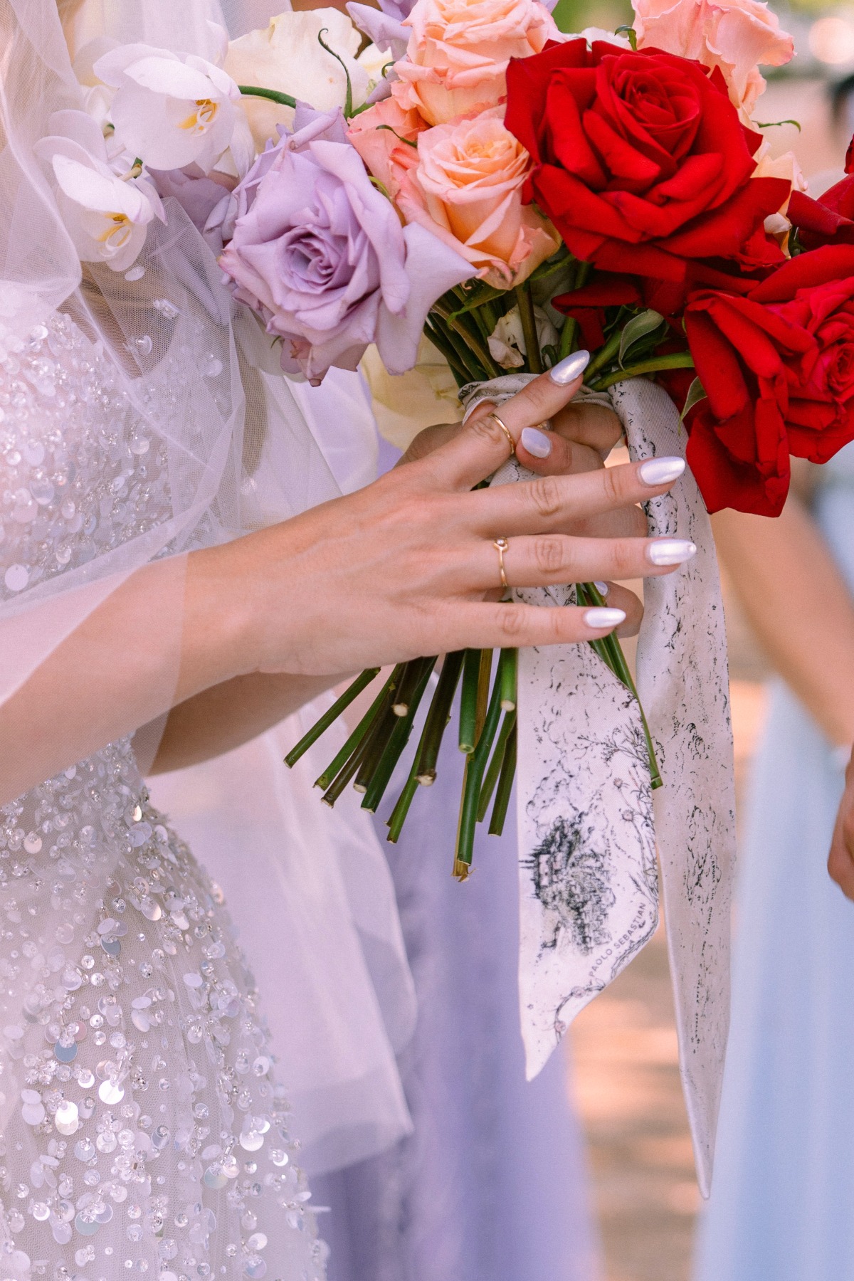 pastel and red rose bouquet