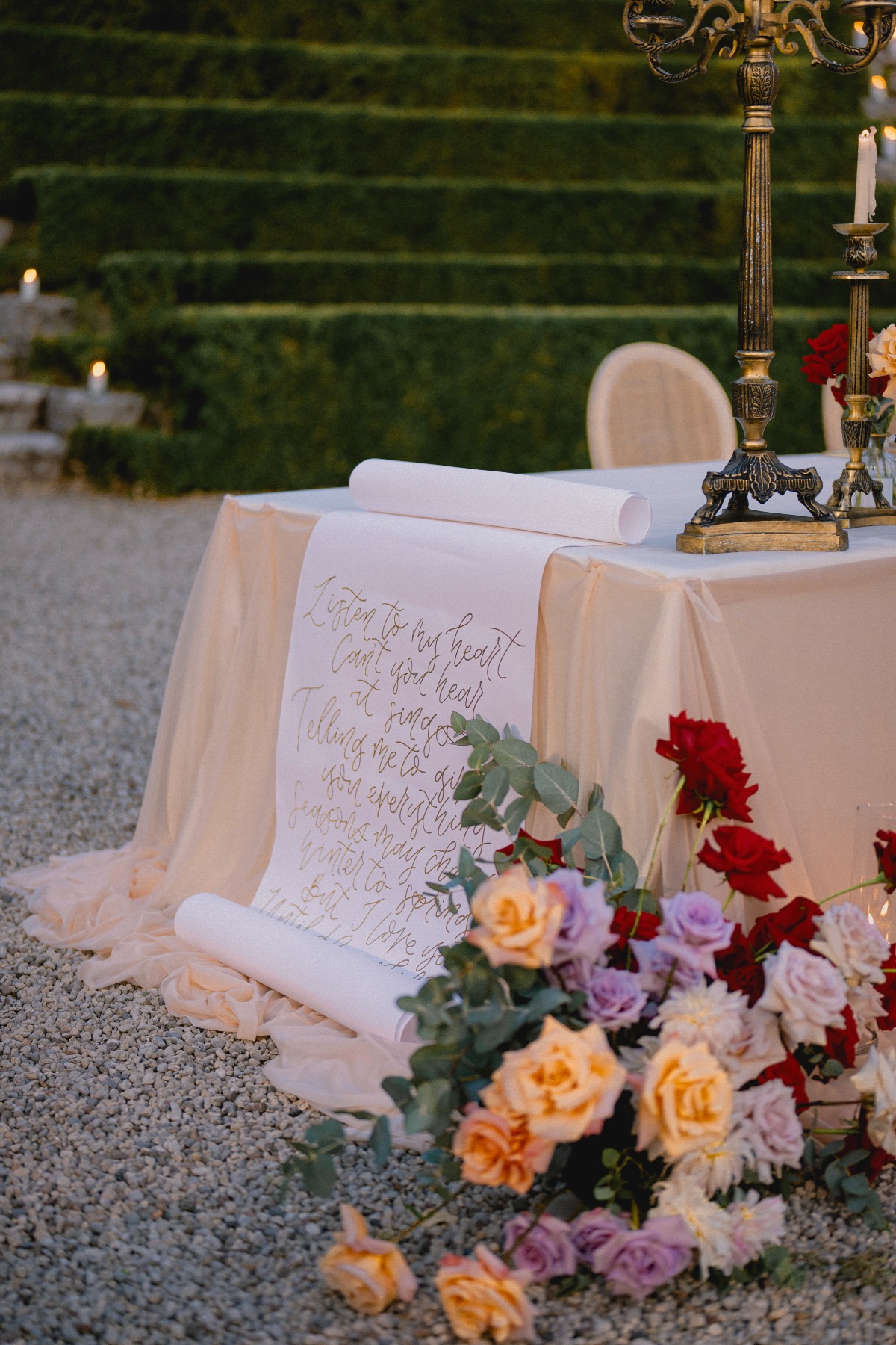 calligraphy on table runner for sweetheart table