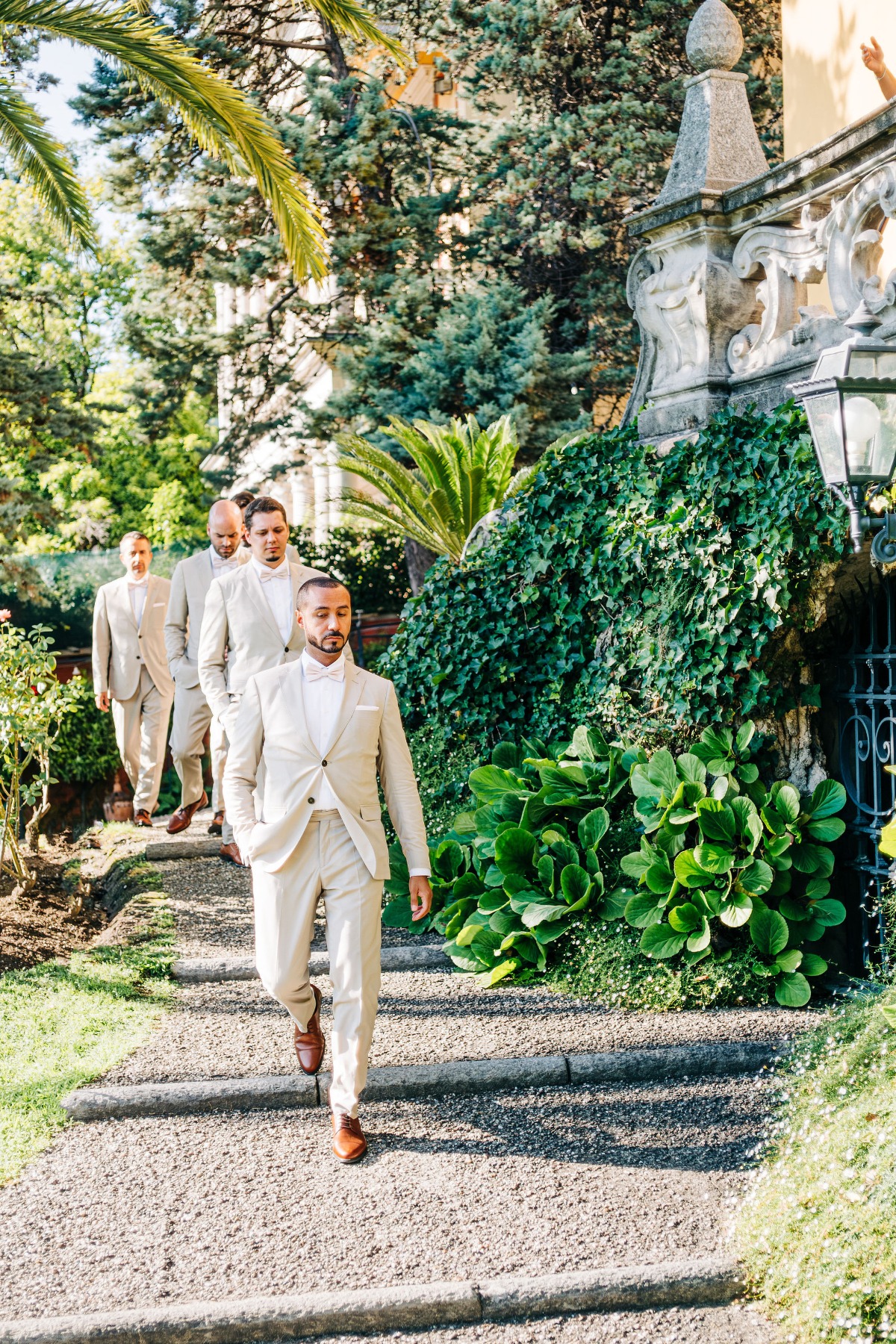 groomsmen in tan and blush