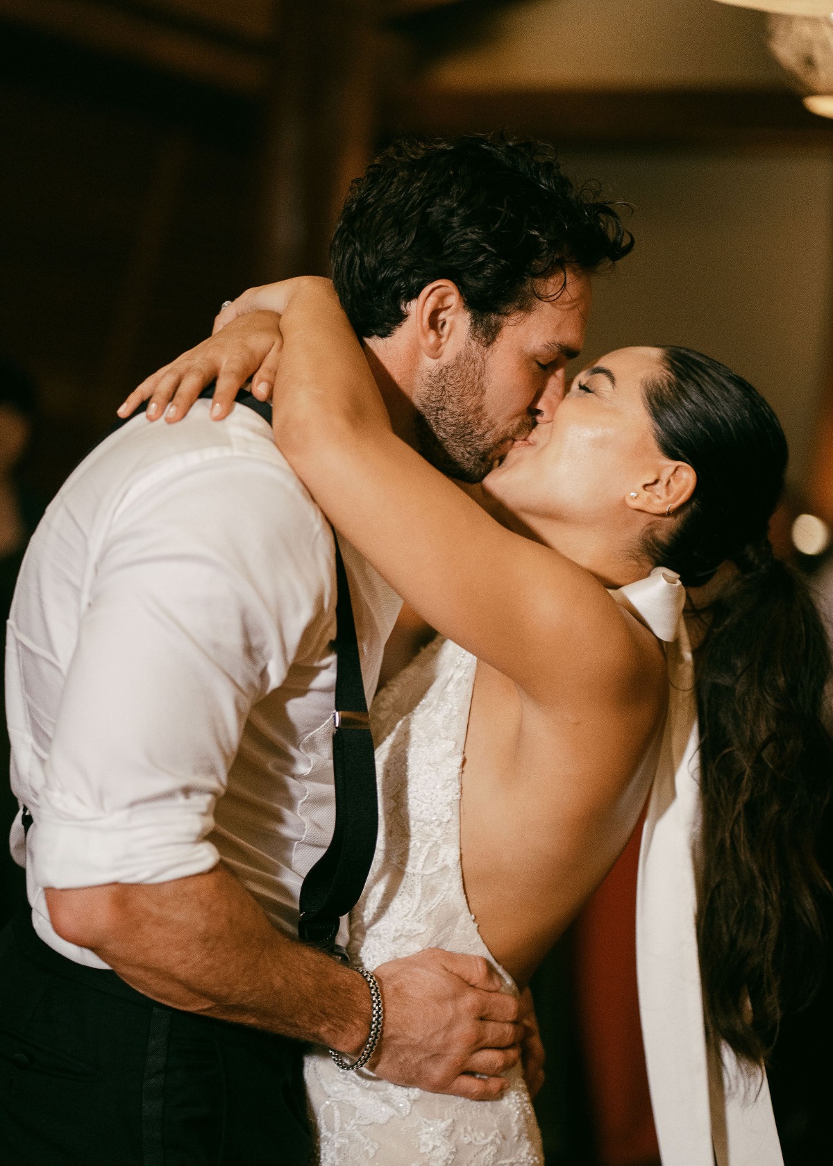 bride in halter dress for second look