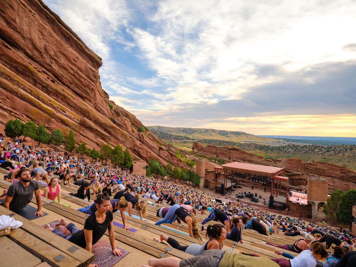 yoga on the rocks at red rocks park in denver Colorado