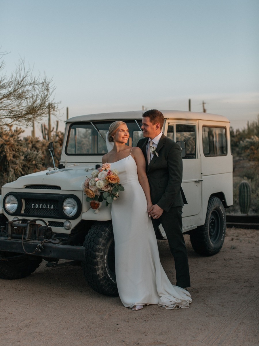 The couple rode off in a vintage Land Cruiser at their desert micro-elopement