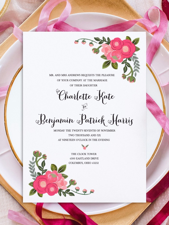 Pink Flowers Free Printable Invitation Templates