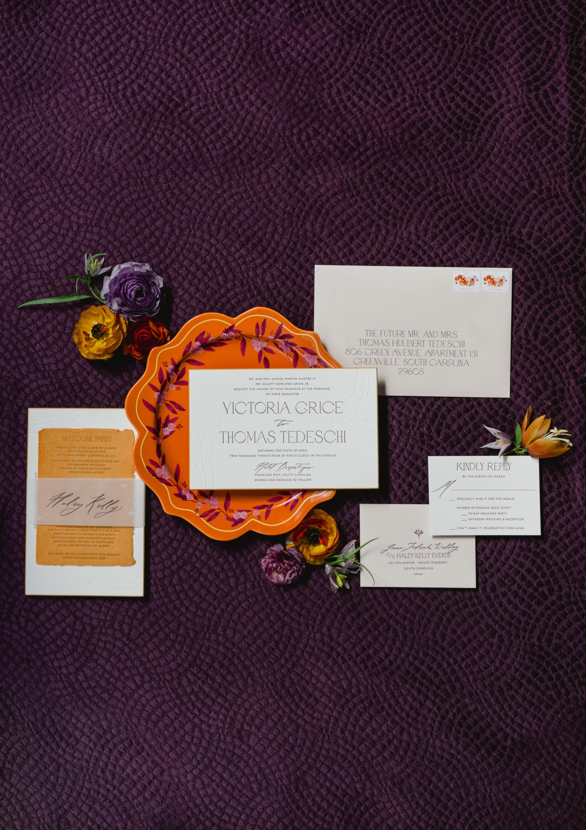 orange and purple wedding invitations