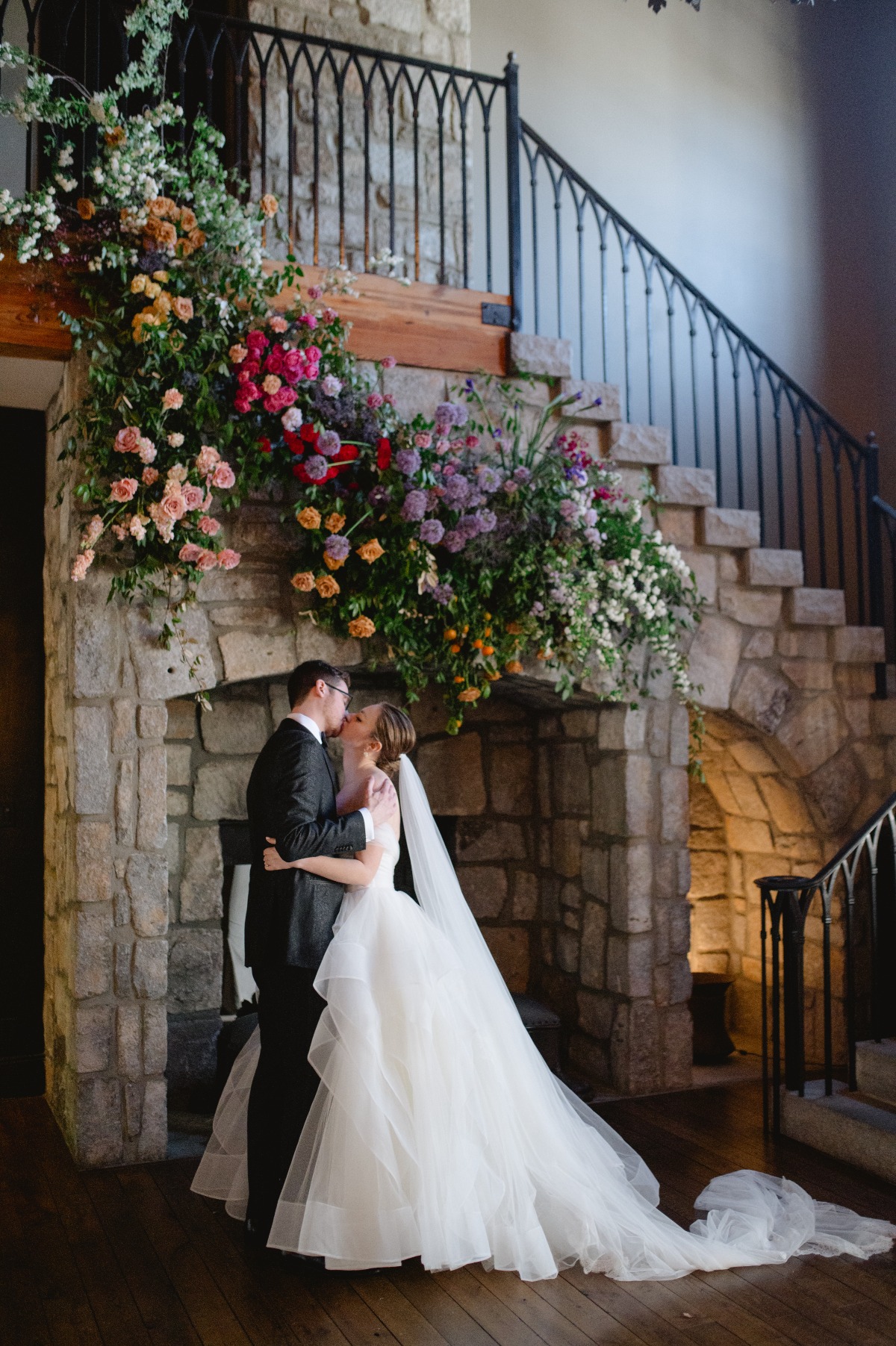 historic wedding venue with floral installation